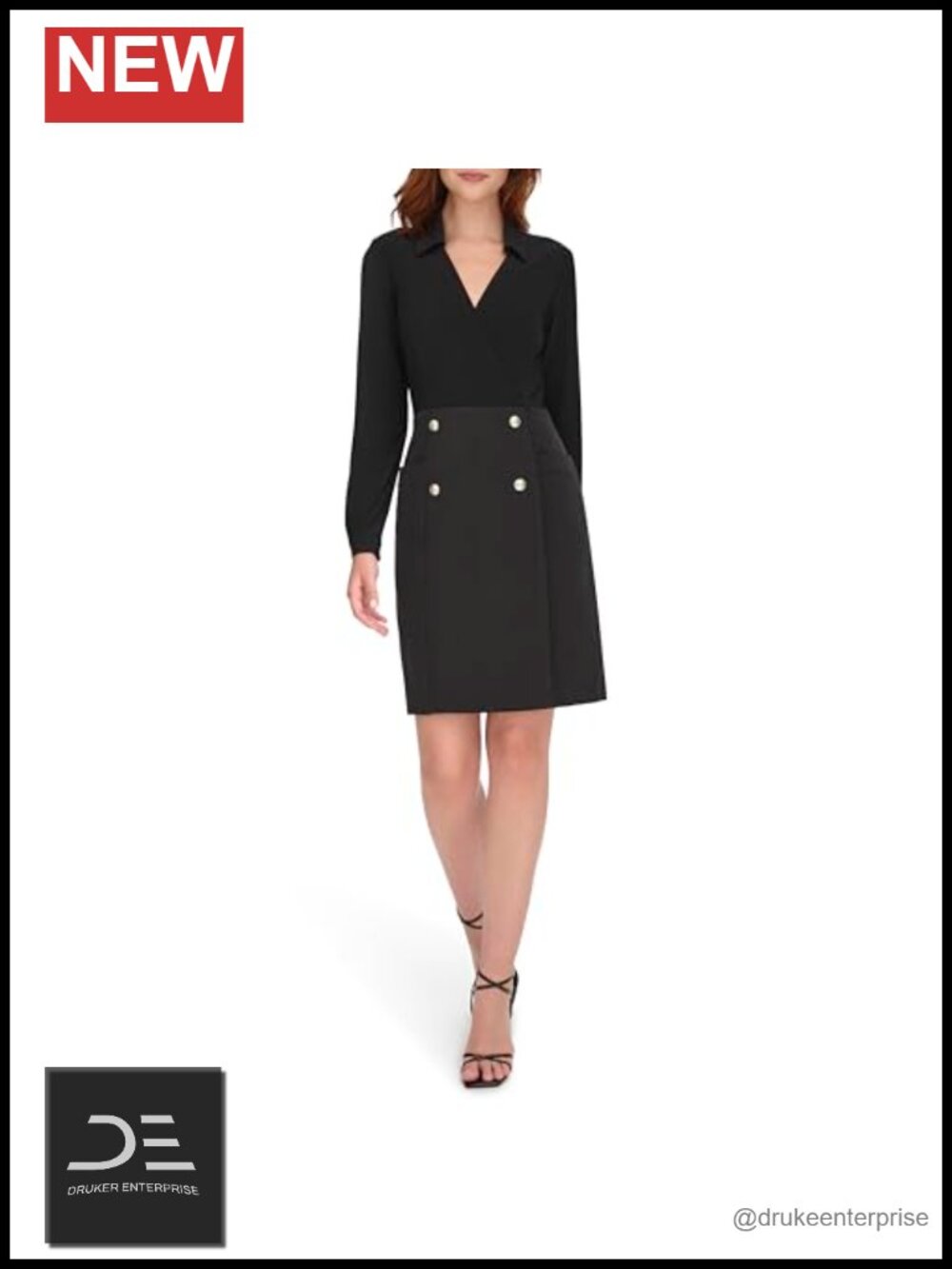 Faux Wrap Double Breasted Shirt Dress Jersey Crepe 3/4 Sleeve Knee Length